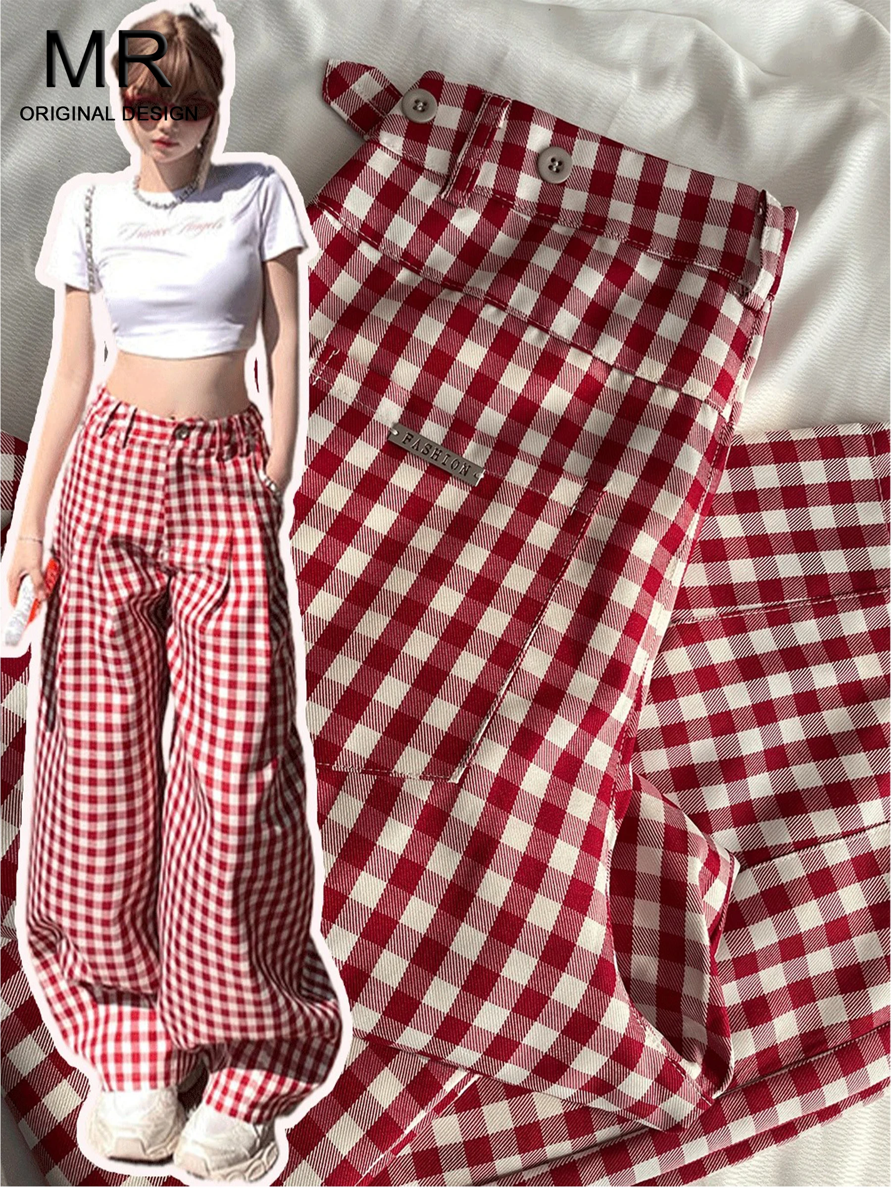 

Красные клетчатые прямые повседневные брюки в стиле lazy style для женщин, с высокой талией, свободные, стройнящие, в пол, летняя новинка