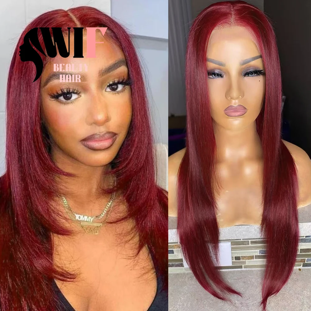 

WIF Бордовый Многослойный Прямые Волосы Синтетический Парик Шнурка Женщины Макияж Использование Темно-Красный Многослойный Парик Прямой Парик Фронта Шнурка Красные Волосы