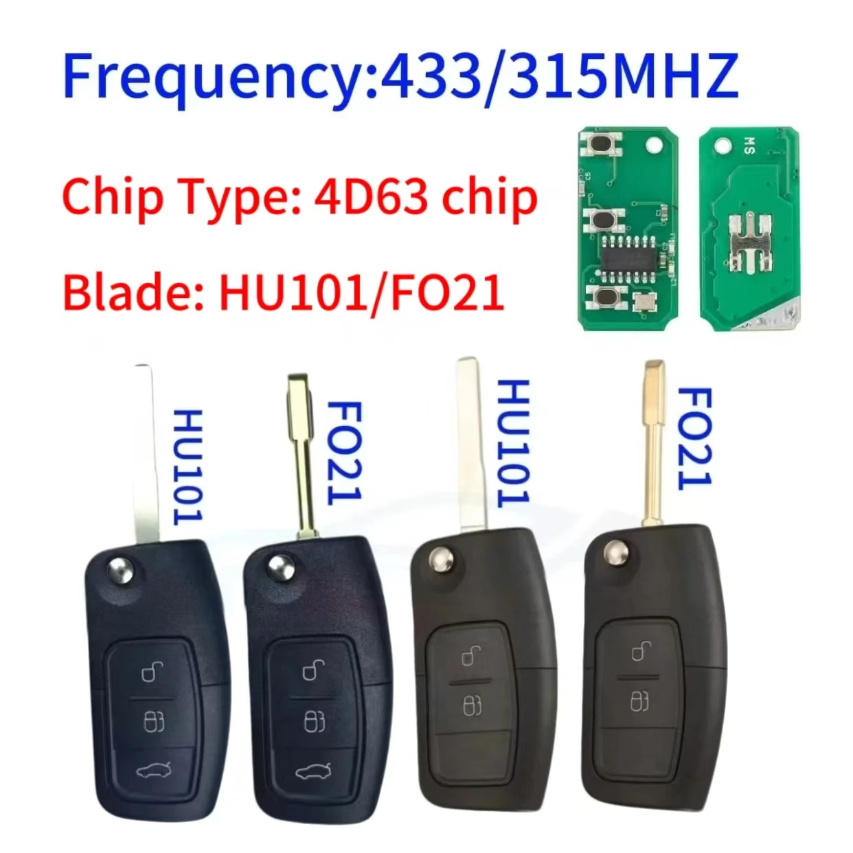 

da shi 4D63Chip Дистанционный ключ для Ford Focus 3 Mondeo C Max S Max Galaxy Fiesta HU101 / FO21 Blade Case 433/315 МГц 2/3-кнопочный автомобиль
