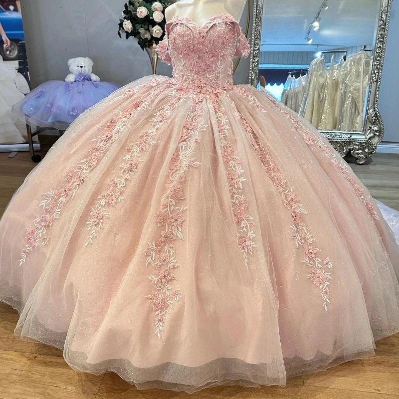 

Pink Glitter Crystal Sequined Ball Gown Quinceanera Dresses Off The Shoulder Applique Lace Beading Tull Corset Vestidos De 15