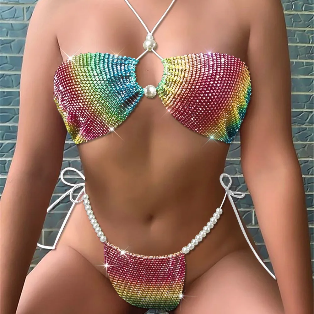 مثير بيكيني بارد أعلى شبكة صيد السمك حجر الراين مثير ليتل الحمالة الساخن فتاة ملهى ليلي النساء ملابس السباحة الاستحمام الشاطئ حزب البدلة