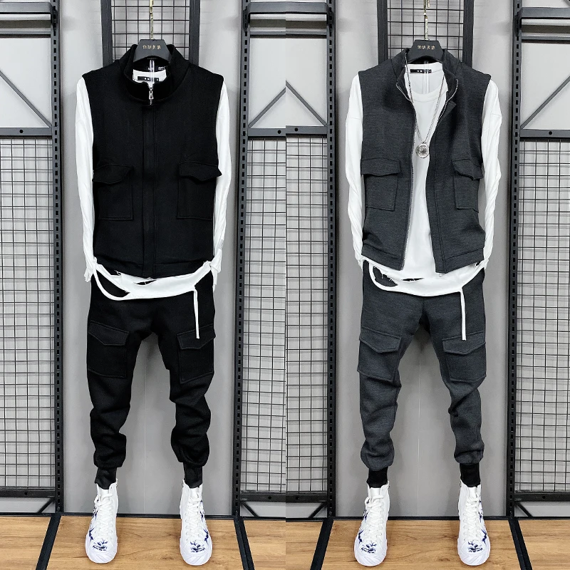 

Faionable Trendy Men's Autumn Winter Stand Collar Vest Set Slim Fit Casual Versatile Sli Two Piece Suit for Youth