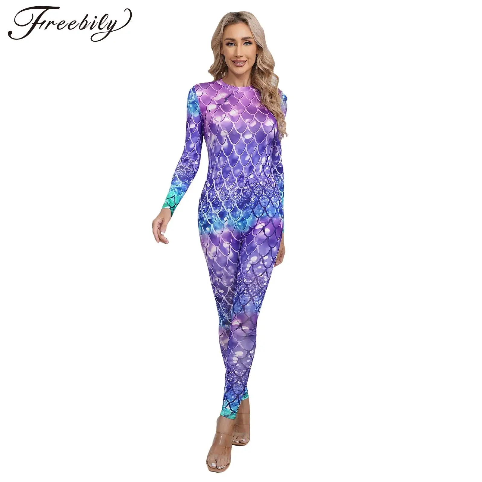 

Womens Rash Guard One Piece Swimsuit Mermaid Fish Scale Print Long Sleeve Back Zipper Full Body Tops Sexy Swimwear Jumpsuit