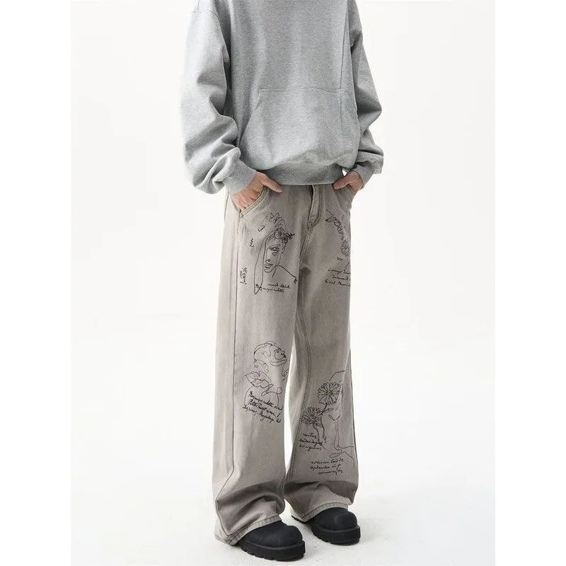 American Retro Hand-painted Graffiti Printed Micro-flare Jeans for Men and Women Loose Floor-length Trousers