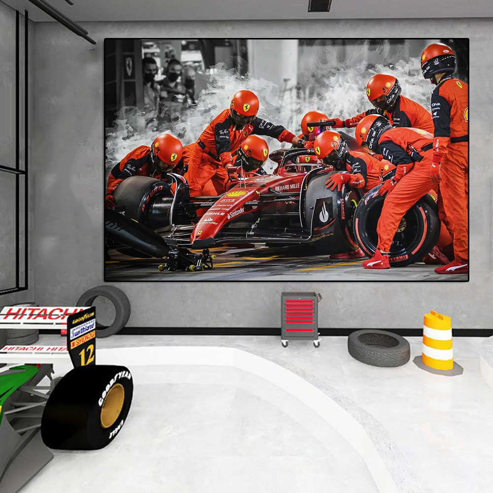 Formula Grand Prix Race Car Pit Stop Poster And Print Charles Leclerc Racing Watercolor Canvas Painting Wall Art Room Home Decor