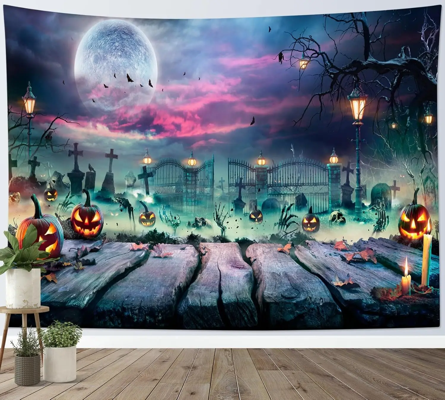 Halloween Cemetery Tapestry Wall Hanging Horror Pumpkin Skeleton at Graveyard Tapestry Moon Night Tapestries for Room Dorm Decor