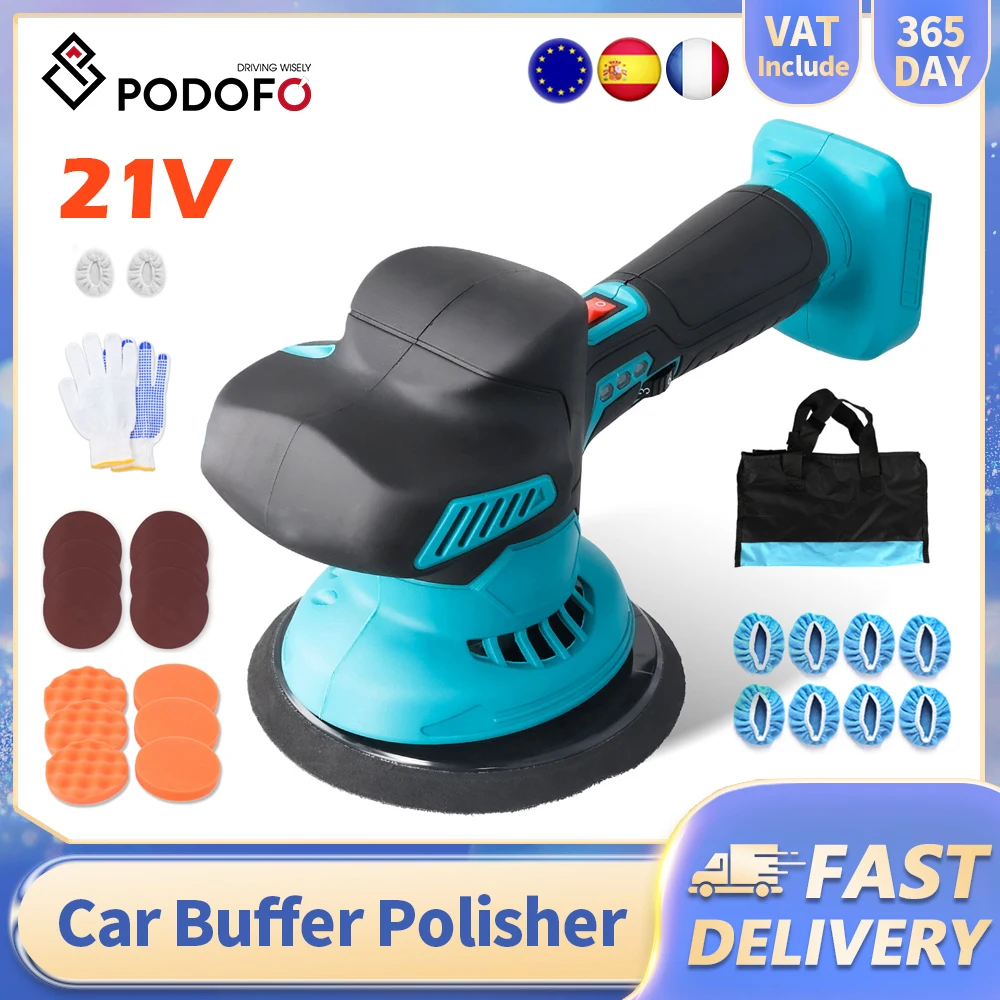 Pulidora Inalámbrica para Automóviles Podofo, 5500 RPM, 6 Velocidades, Diseño Silencioso y Herramienta de Encerado para Aplicaciones de Pulido Automotriz
