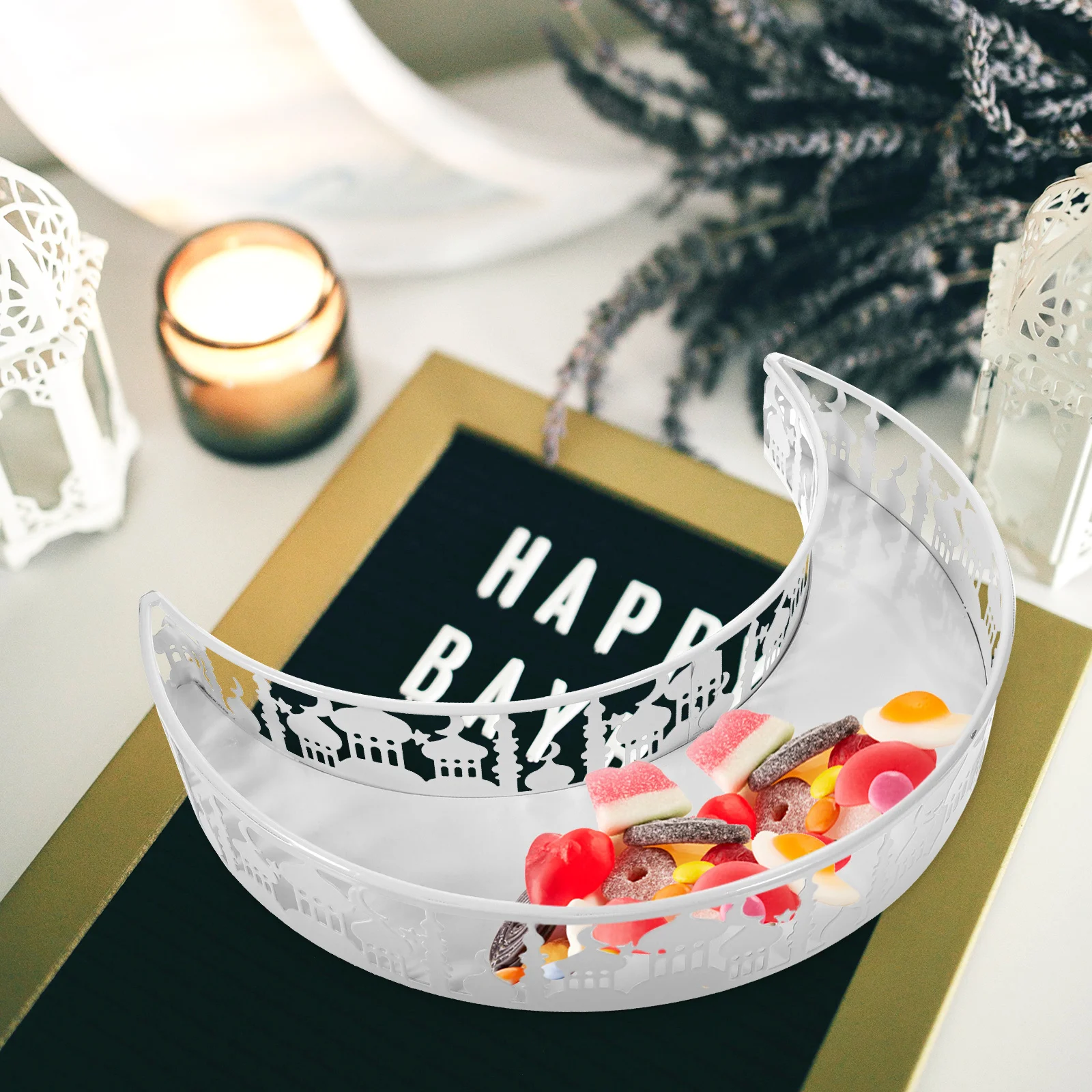 

1 set 1 Set Ramadan Moon Star Tray Eid Mubarak Food Serving Plate Iron Crystal Dessert Tray Snacks Dried Fruits Container