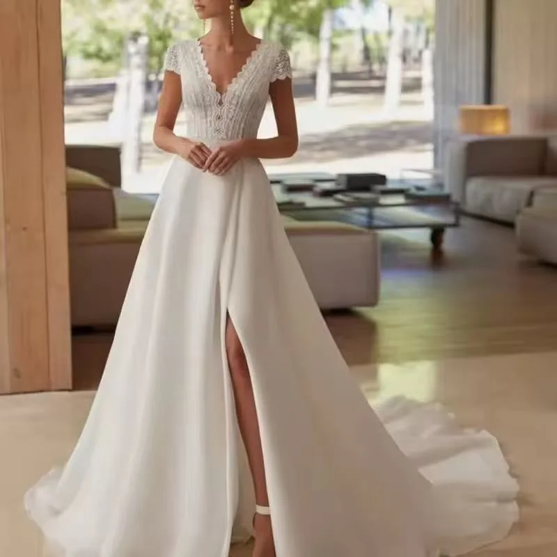 

Атласные свадебные платья цвета слоновой кости по индивидуальному заказу для женщин Robes De mariée Свадебное платье с высоким разрезом A-LINE Vestidos De Novia