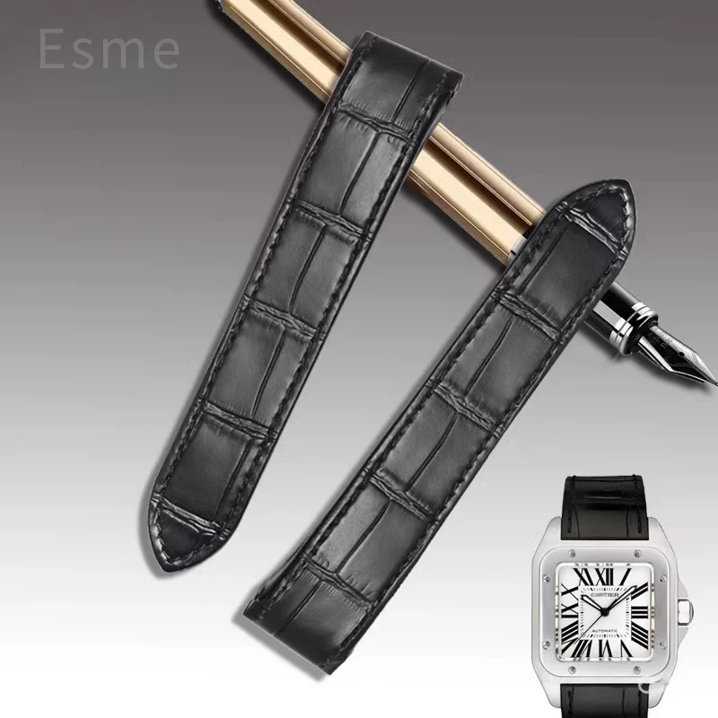 Cowhide Watch Strap for Cartier Santos Sandoz 100 Genuine Leather Watchband 20 23 24.5mm Flat Interface Premium Texture
