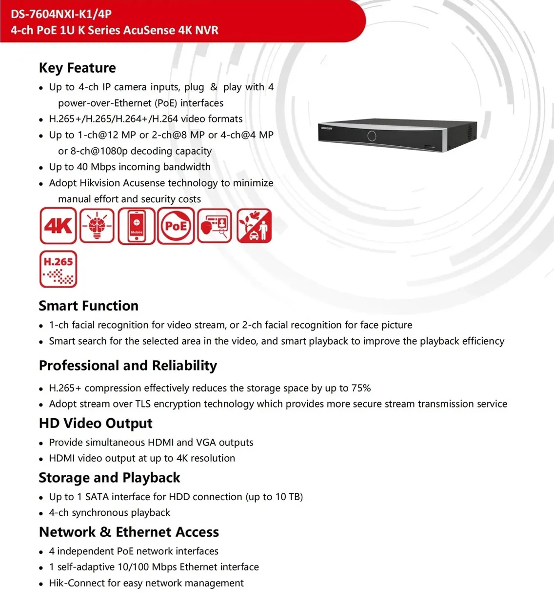 Vikylin HIK AcuSense 4CH PoE 4K NVR DS-7604NXI-K1/4P H.265+ HDD CCTV Security Surveillance Network Video Recorder for IP Camera