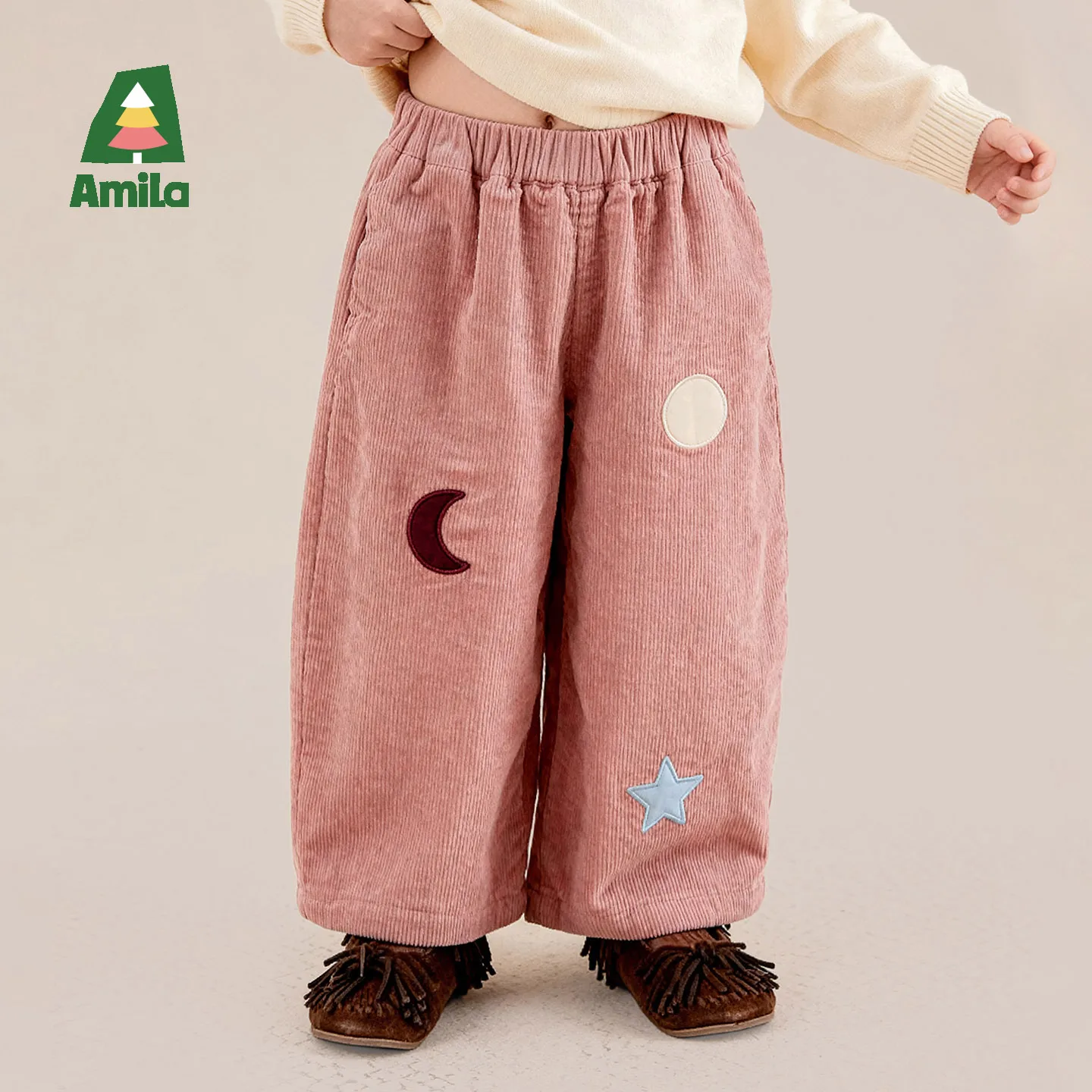 Amila 2026 Autumn New Kids Corduroy Casual Long Pants Color Block Star Moon Embroidery Sweet Romantic Versatile Pants