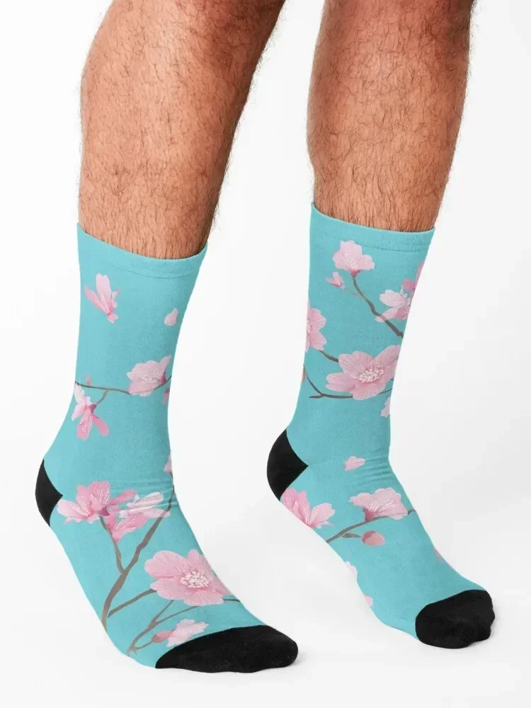 Cherry Blossom flower plant - Robin Egg Blue Socks Novelties heated japanese fashion retro Socks For Girls Men's