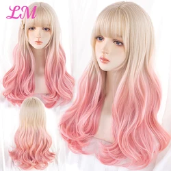 Lm lange natürliche gewellte platin blonde rosa Perücken mit Pony Cosplay Party Lolita synthetische Perücken für Frauen hitze beständige Faser