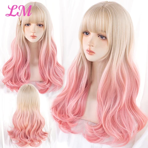 Imagen 2 del producto LM-pelucas de Cosplay de color rosa dorado con ondas de cuerpo largo para mujer, pelucas sintéticas resistentes al calor con flequillo, pelucas naturales de Lolita