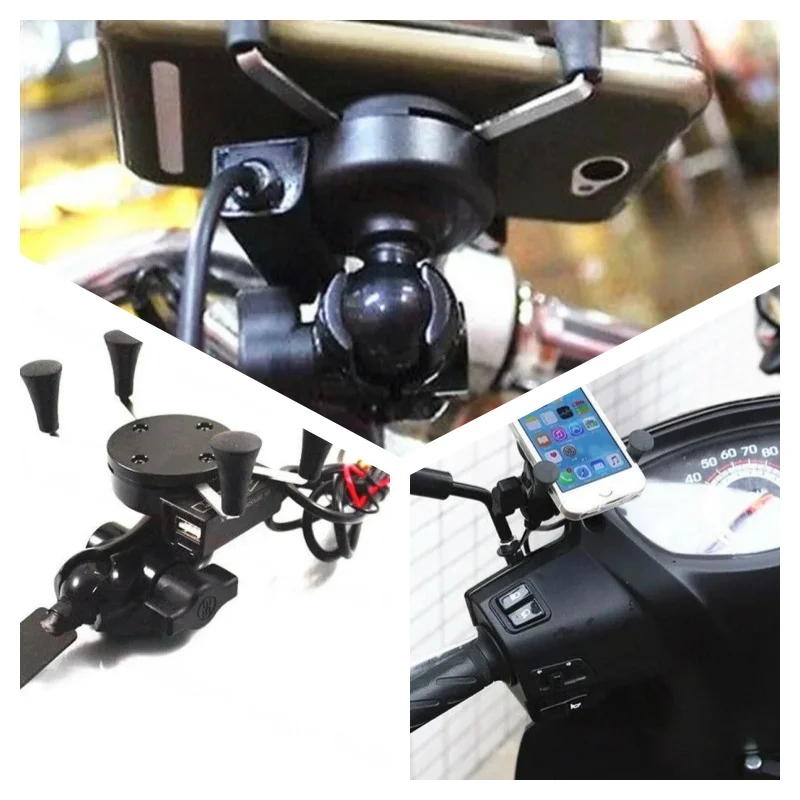 Black Mobile Phone Navigation Frame Holder + USB Charger Motorcycle ATV Street