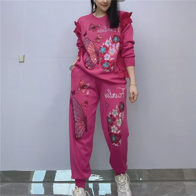 

Spring New Diamond Butterfly Knitted 2-Pcs Sets Rose Red Ruffle Patchwork Knit Sweater Pencil Pants Female Tracksuits Outfits