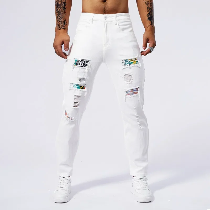 New Ripped Slim Jeans Men White 97% Cotton Patchwork Fashion Hole Elasticity Skinny Denim Trousers Male Streetwear