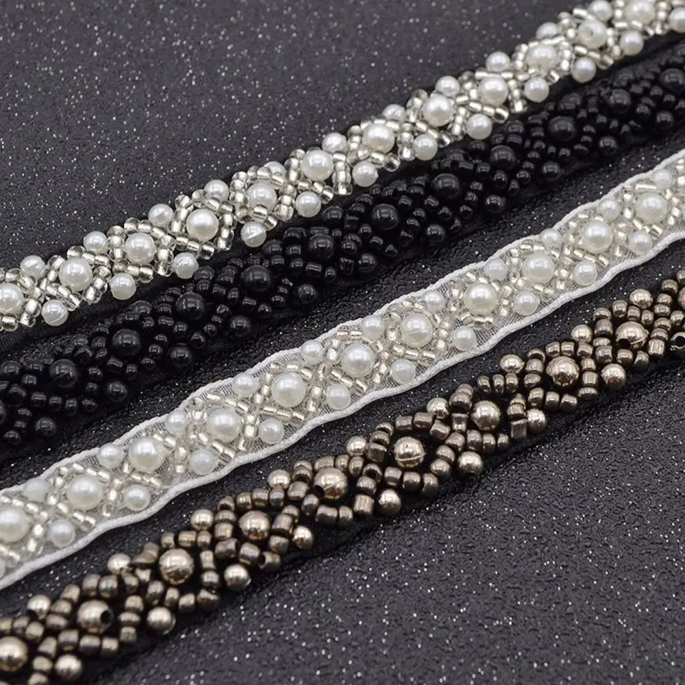 

Handmade Craft Pearl Bridal Applique DIY Wedding Dress Decor Beaded Lace Trim Ribbon