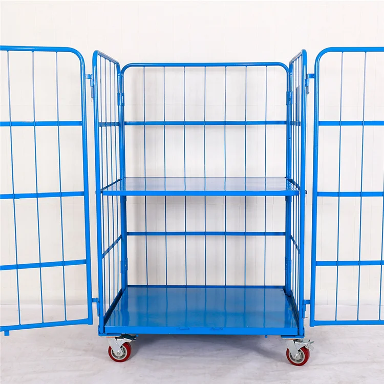Mobile Transporting Foldable Galvanized Warehouse Steel 3 Mesh Sides Roll Cage Trolley