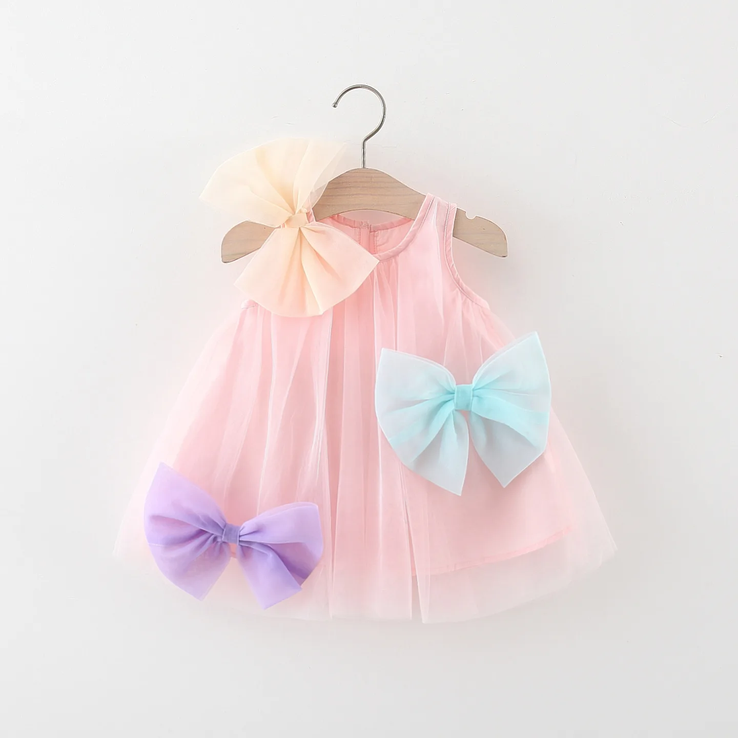 Summer baby girl dress girl\'s three three-dimensional large bow solid color mesh suspender princess dress