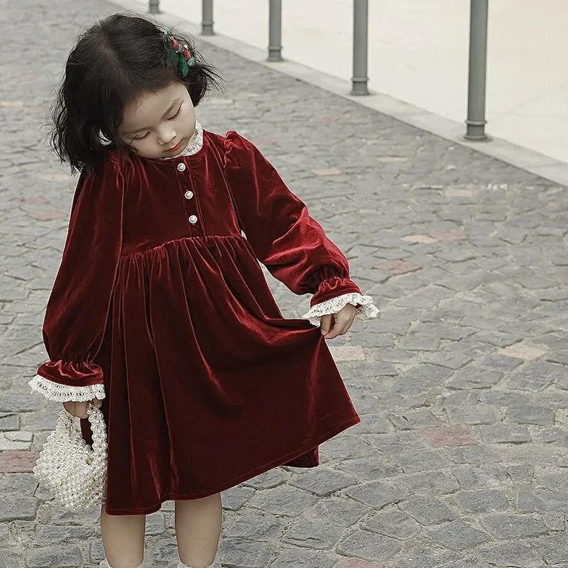 Children Wear 2023 Autumn and Winter New Girl Velvet Dress Baby Lace Lace and Velvet Long sleeved Children\'s New Year Dress