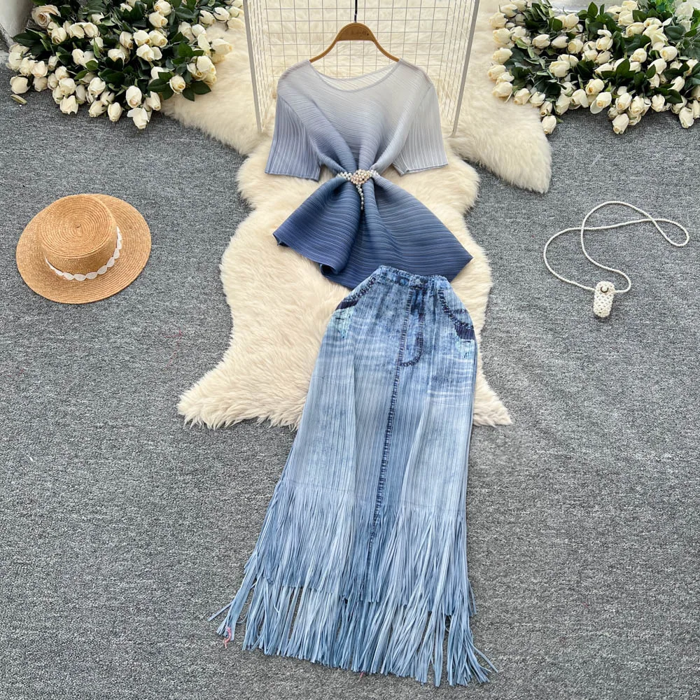

Women Two Piece Sets Skirt Set Round Neck Short Sleeve Tops Long Skirts Tassel A Line High Waist Y2k Streetwear Elegant Splice