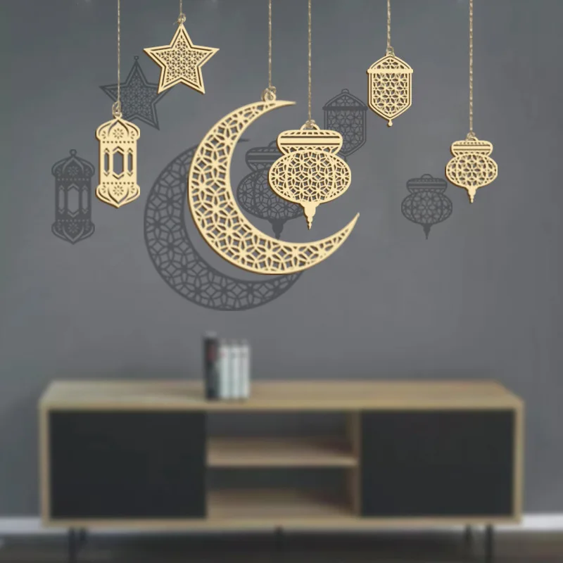 3Pcs/set Eid Mubarak Wooden Hollow-Out Moon Hanging Ornaments DIY 2025 Islamic Muslin Ramadan Kareem Home Party Decorations