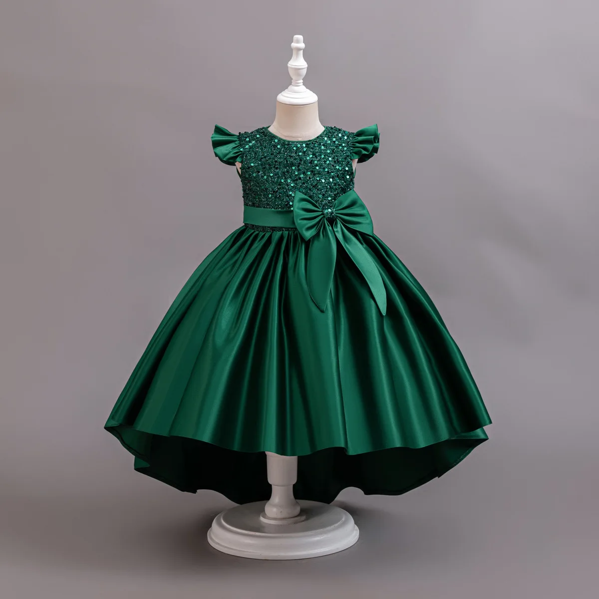 Kids Formal Dress Princess Skirt Girl Satin Sequin Flutter Sleeve Train Evening Gown Party Piano Performance Children Puff Skirt