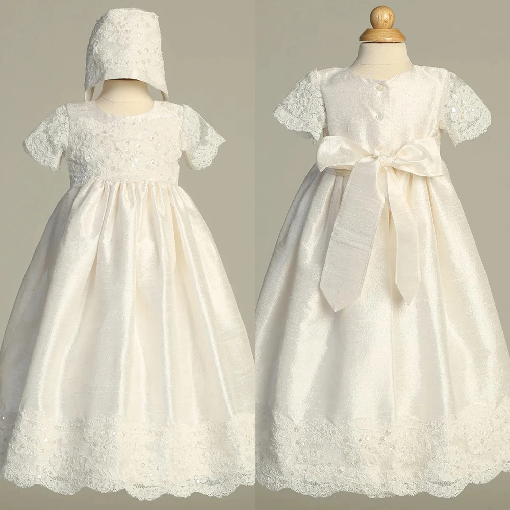 Romantic Baby Girl Christening Gown Short Cap Sleeve Large Bow Sequin Lace Hem Infant Christening Customized Baptism Dress Set