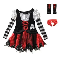 Girl Pirate Cosplay Costume Dark Gothic Black Red Skull Print Dress Set Halloween Pirate Captain Role Play Baby 3 Pcs Dress Suit