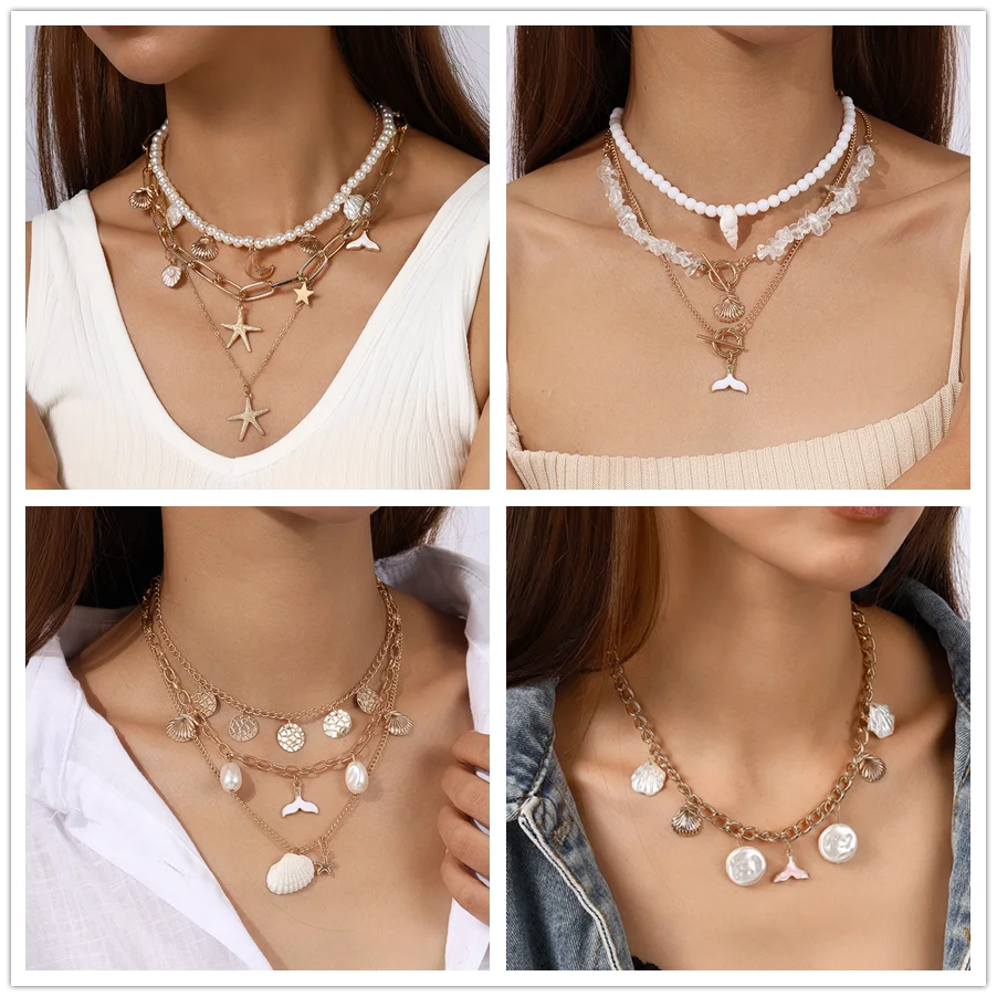 Aihua Bohemia Gold Color Pearl Conch Shell Starfish Necklaces for Women Chokers Summer Beach Vacation Party Jewelry Gifts