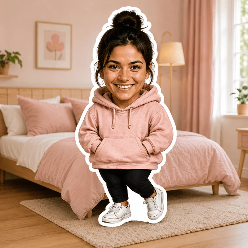 Custom Personalized Photo Face Pillow, Smiling Woman in Pink Hoodie Custom Shaped Decorative Cushion with Double-Sided Printing,