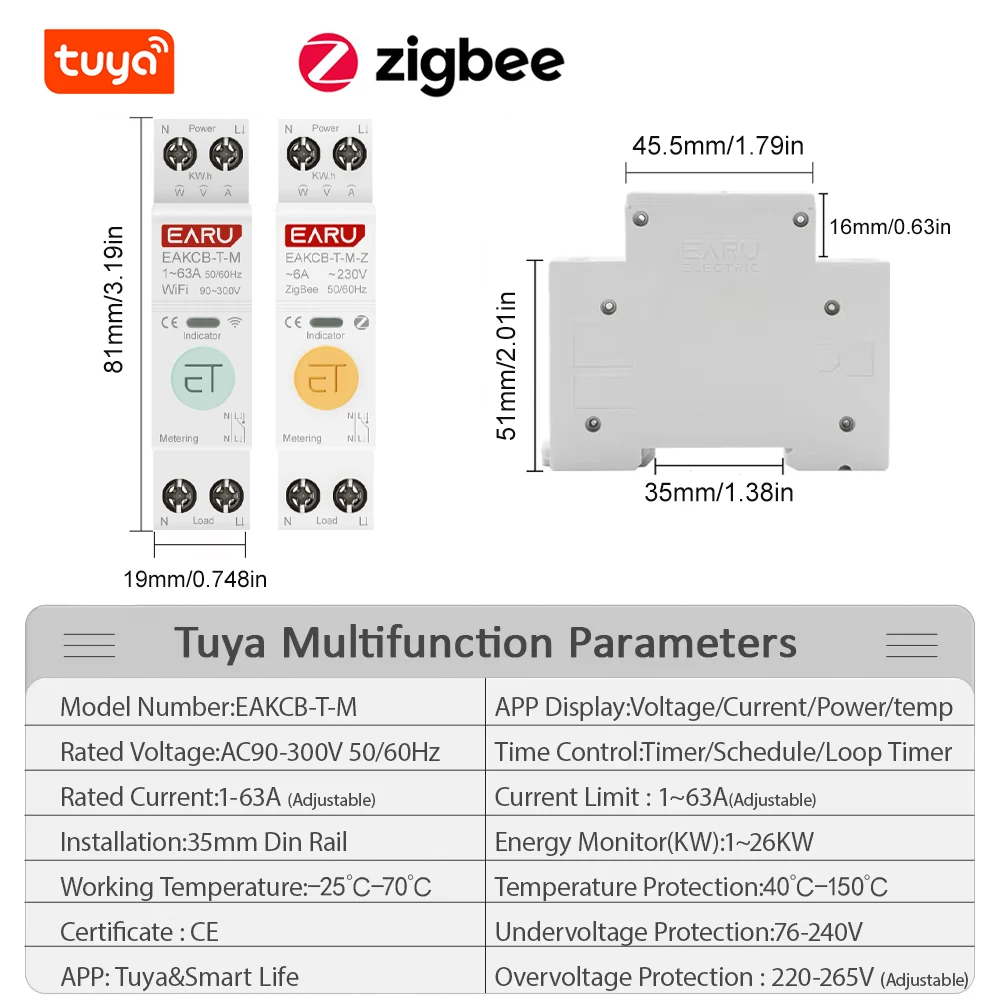 Zigbee TUYA WiFi Smart Circuit Breaker Over Current Under Voltage Protection Power Metering 1-63A Wireless Remote Control Switch