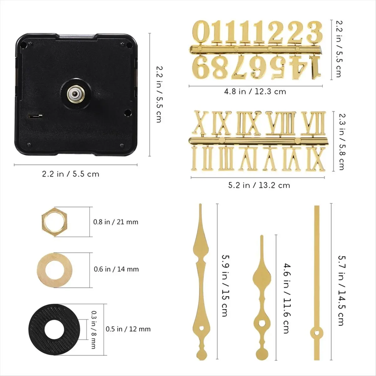 Welcome Deal~4 Pcs Quartz Clock Movement Parts 12 Set Gold Hands Contains Numerals Kit for Clock Repair Parts Replacement Parts