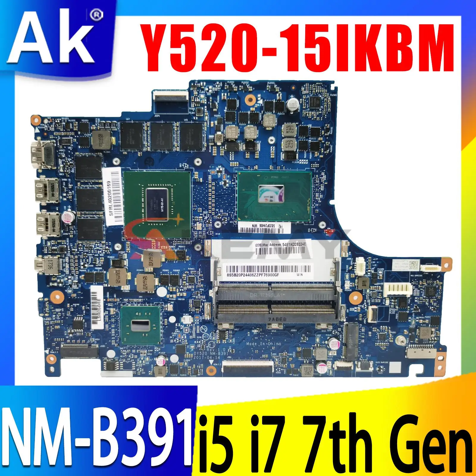 

For Lenovo Y520-15IKBM Laptop Motherboard BY520 NM-B391 Mainboard CPU I5-7300HQ I7-7700HQ GPU GTX1060-6G