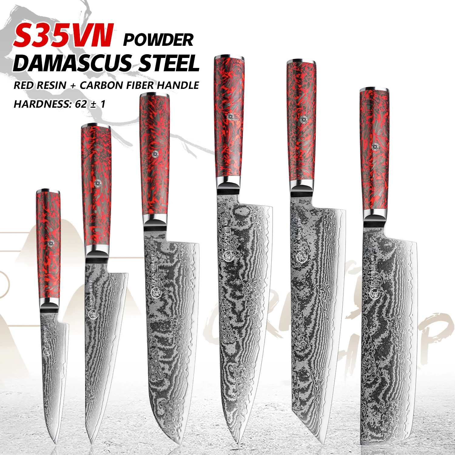 Grandsharp 1-6 PCS Kitchen Knives Set 67 Layers S35VN Powder Core Damascus Steel with Red Resin+Carbon Fiber Handle Cooking Tool