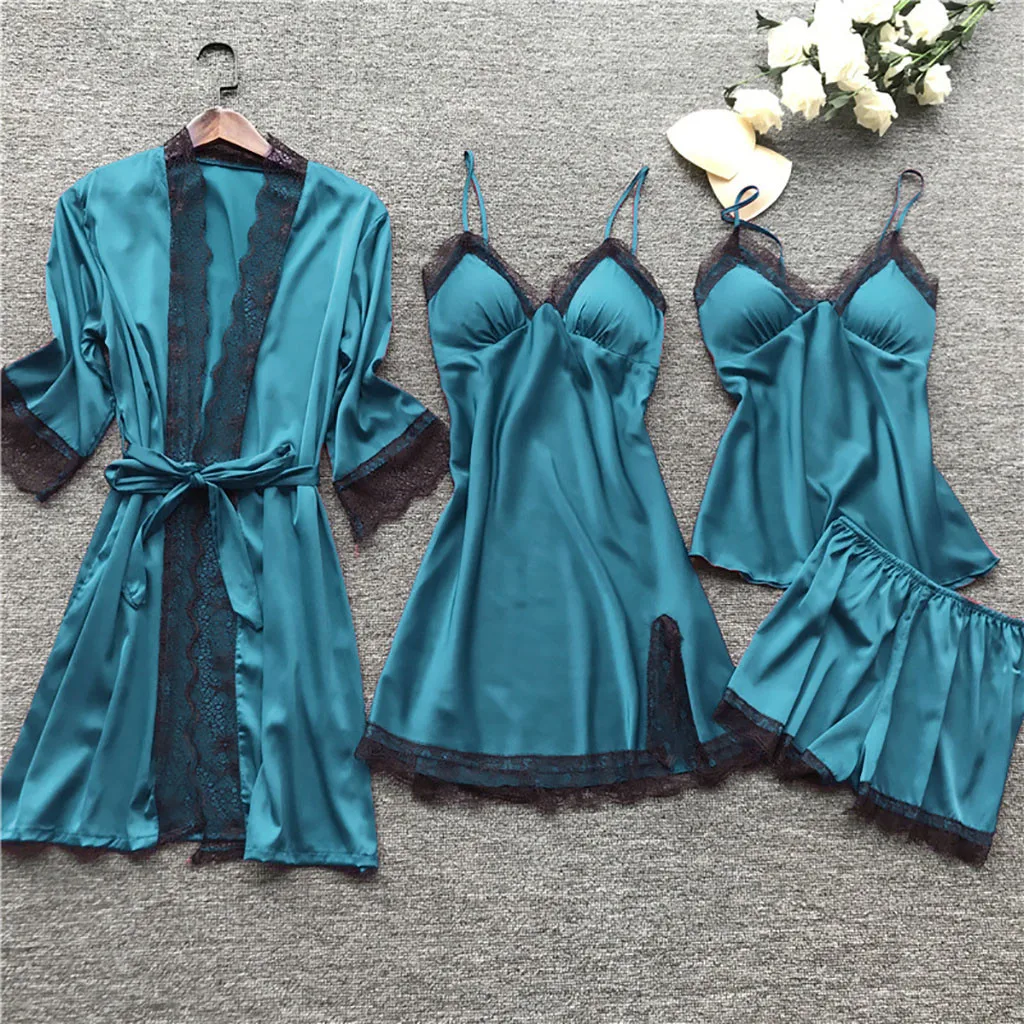 4pcs Women Sleepwear Set Satin Silk Lace Robe Dress Set Lingerie Pajamas Smooth Soft Nightdress Women Homewear Night Gown