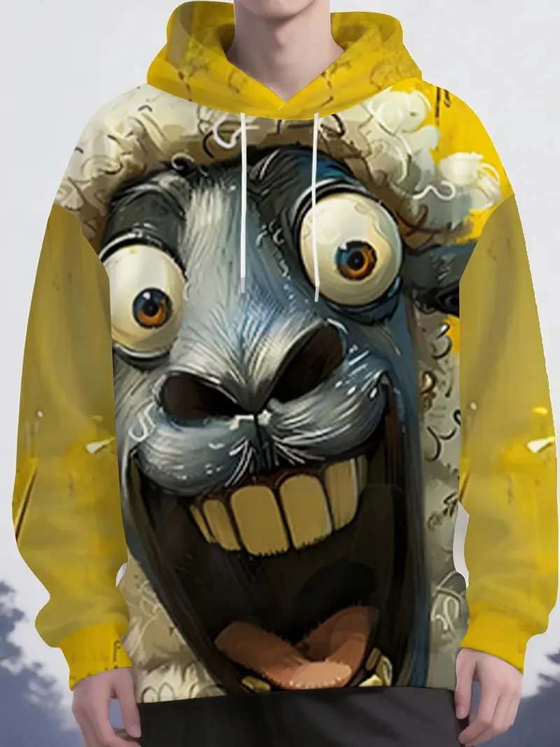 Abstract Animal Graphic Men's Hoodies 3D Print Funny Goat Face Print Oversize Hooded Pullover Fashion Creative Design Sweatshirt