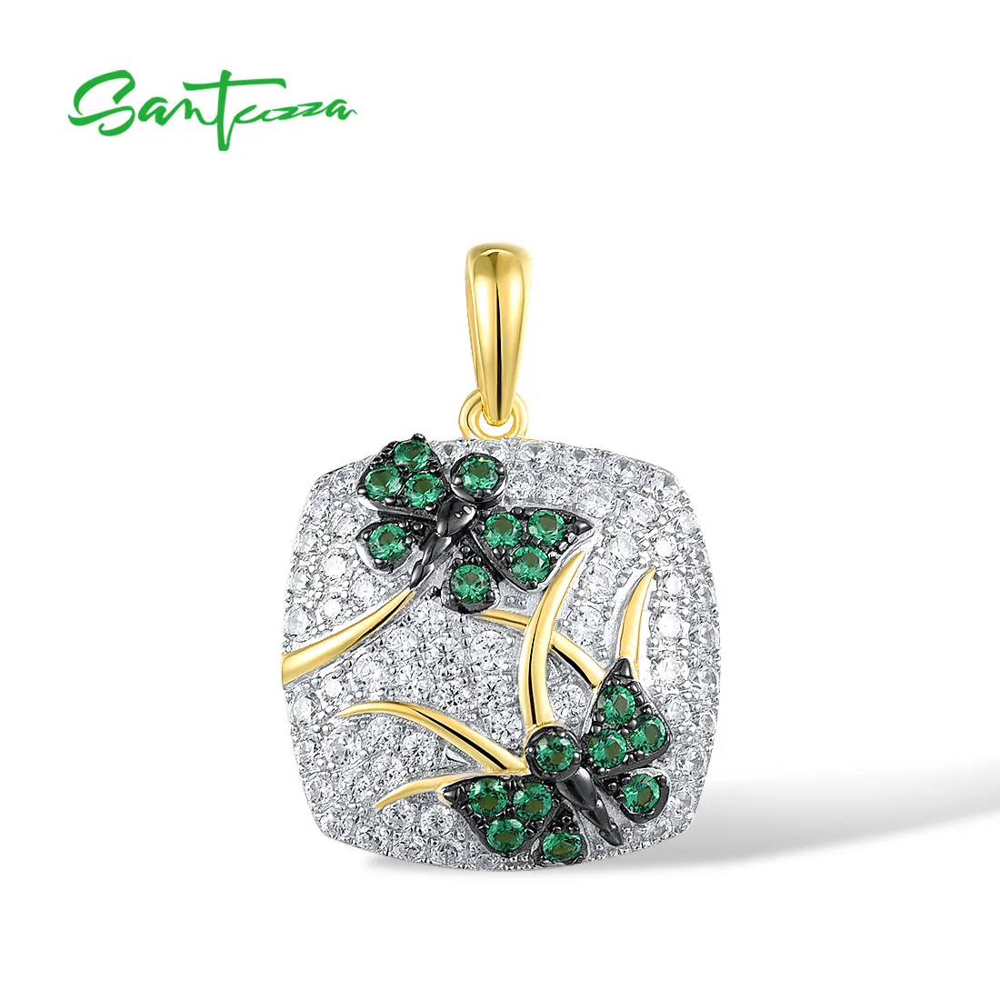 

SANTUZZA Pure 925 Sterling Silver Pendant For Women Green Spinel White CZ Gold Color Plated Butterfly Elegant Fine Chic Jewelry