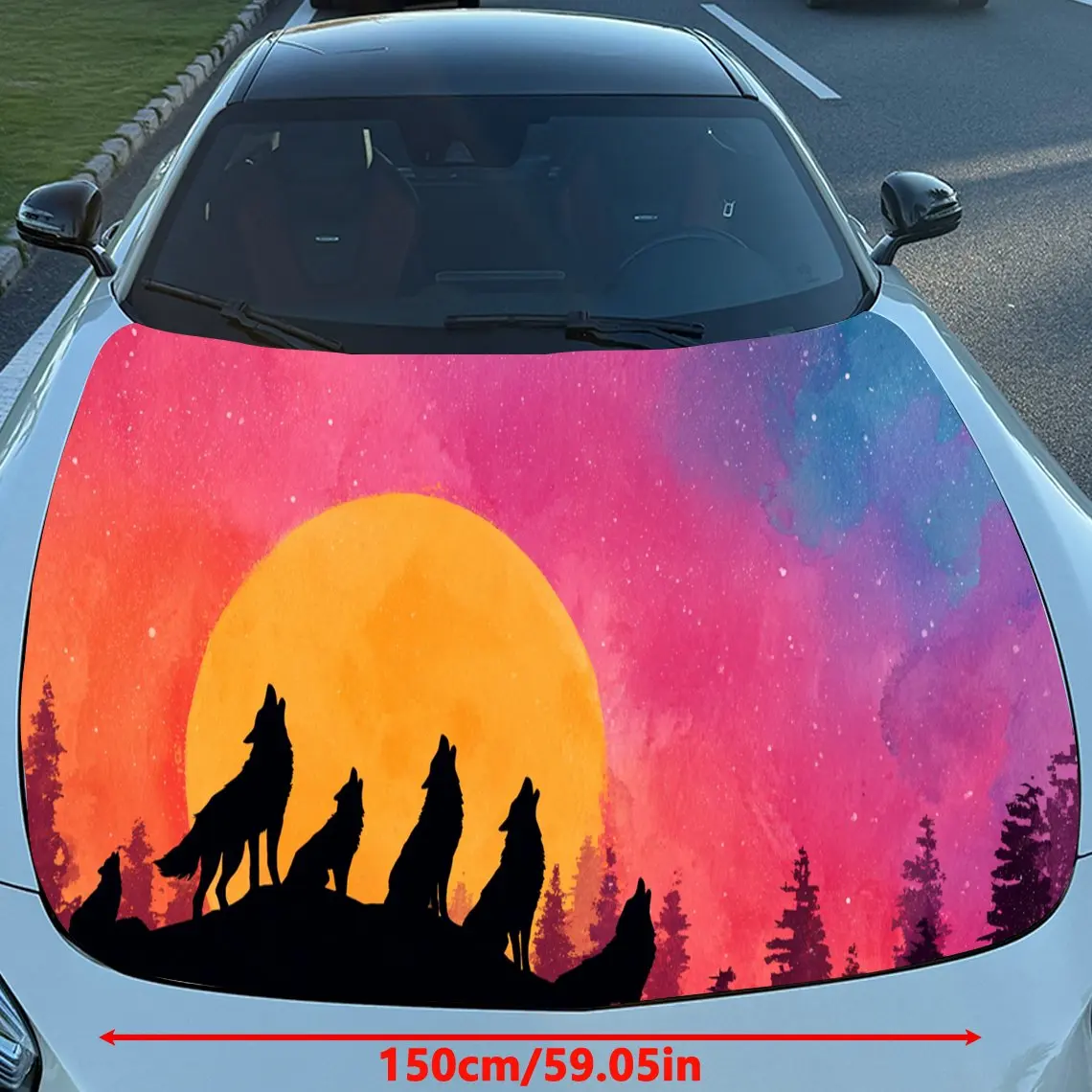 Colorful Sunset Wolf Pack Auto Cover Sticker, Waterproof and Self-adhesive Auto Hood Decal, Auto Vinyl Wraps, Cool Car Exterior
