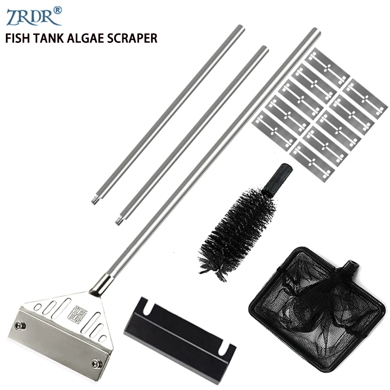 Stainless Steel Aquarium Algae Scraper with Three-in-One Mesh Bag Cleaning Brush - Flat Sand Algae Removal Tool for Fish Tanks H