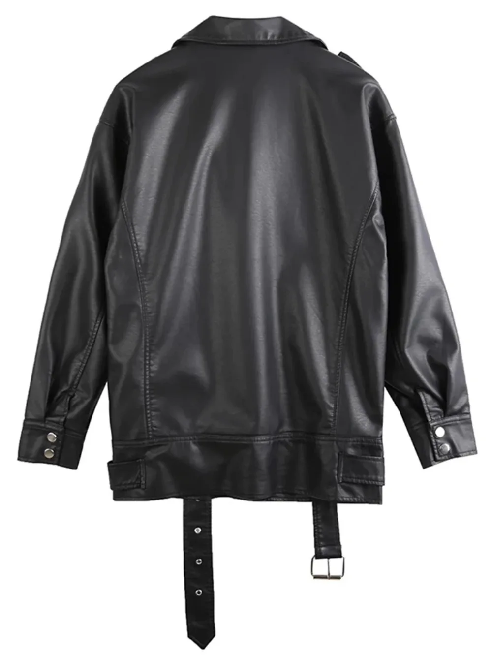 Black PU Leather Jackets Women with Belt Oversized Korean Loose Motorcycle Faux Leather Jackets Fashion Causal Outerwear