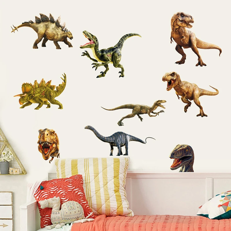 Children Sci-fi Anime Poster 3D Dinosaur Wall Decals Vinyl Stickers Kids Room Decoration Jurassic World Cartoon Animal Wallpaper