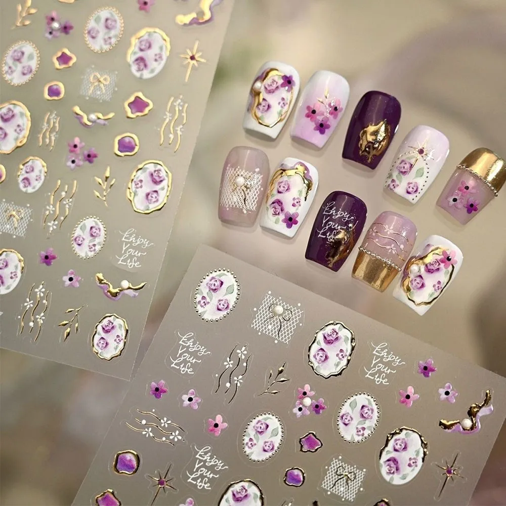 1pcs 5D Embossed Gold Silver Flame Frame Nail Stickers Shiny Starlight Floral French Nail Decals 8*10cm Adhesive Nail Decora D4@