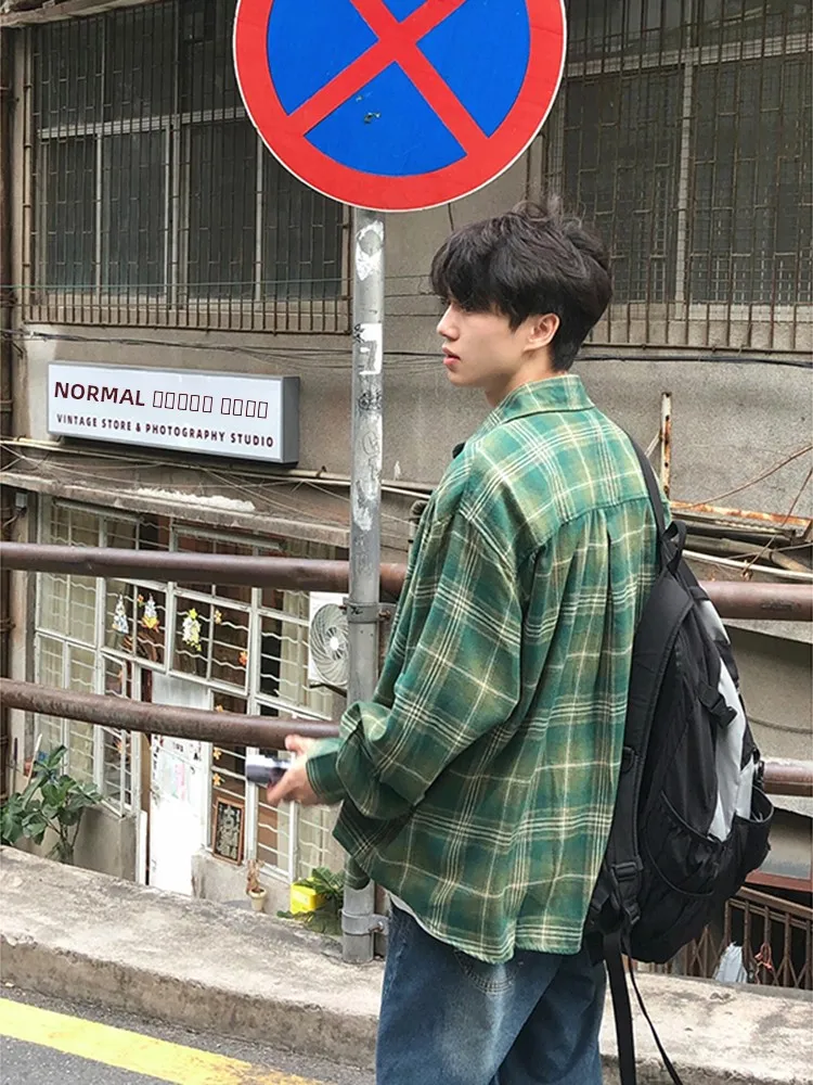 

Мужская винтажная рубашка в клетку из дышащего полиэфирного волокна для осеннего сезона, повседневная, в американском стиле