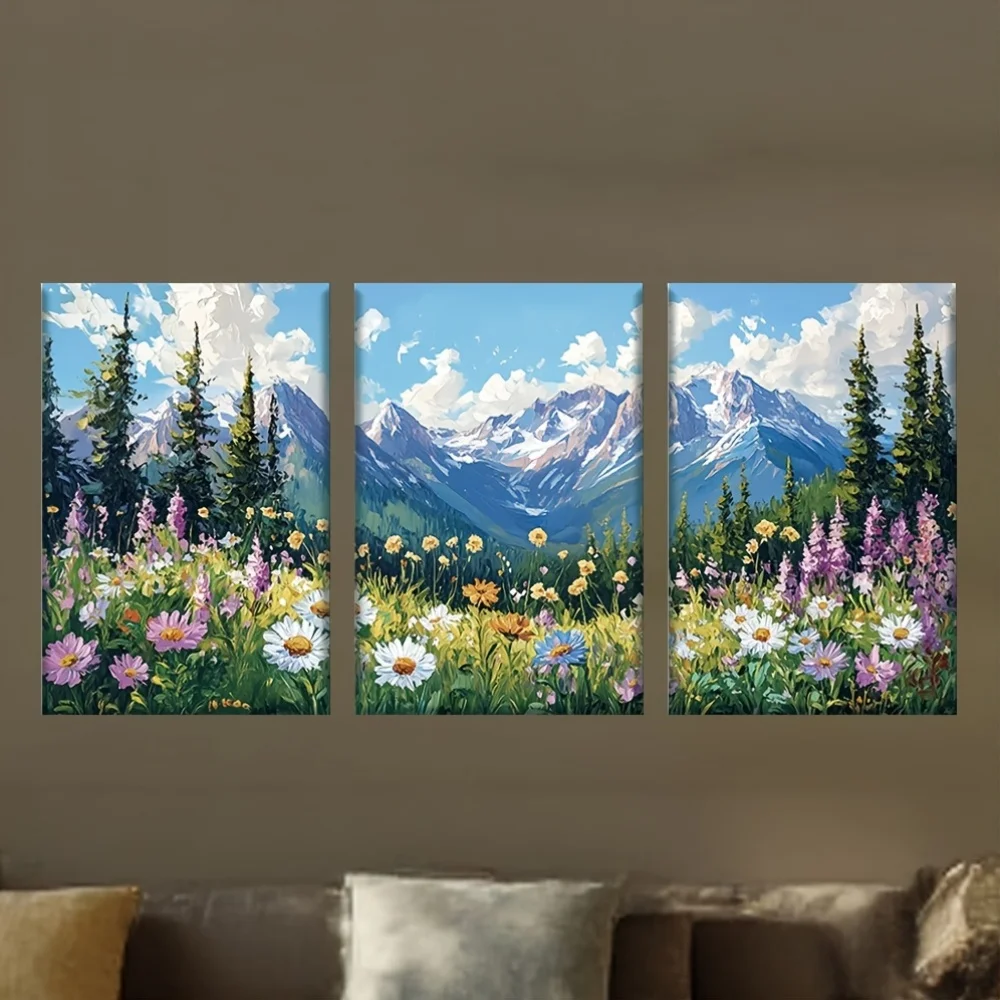 3pcs/Set, Canvas Painting--Unframed, Beautiful Alpine Meadow with Snowy Mountains And Colorful Flowers, Artist'S Dr