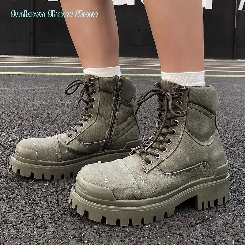 Surkova Retro Big Round Toe Height Increasing Ankle Boots Vintage Anti-slip Thick Sole Cross-tied Boots Boys Girls Modern Boots