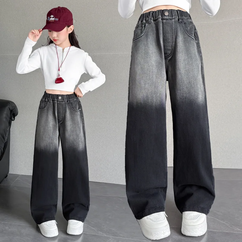 

Girls Ombre Denim Pants, High Waist Straight Leg Jeans, Fall Long Pants for Girls, Back to School, Ages 6-14