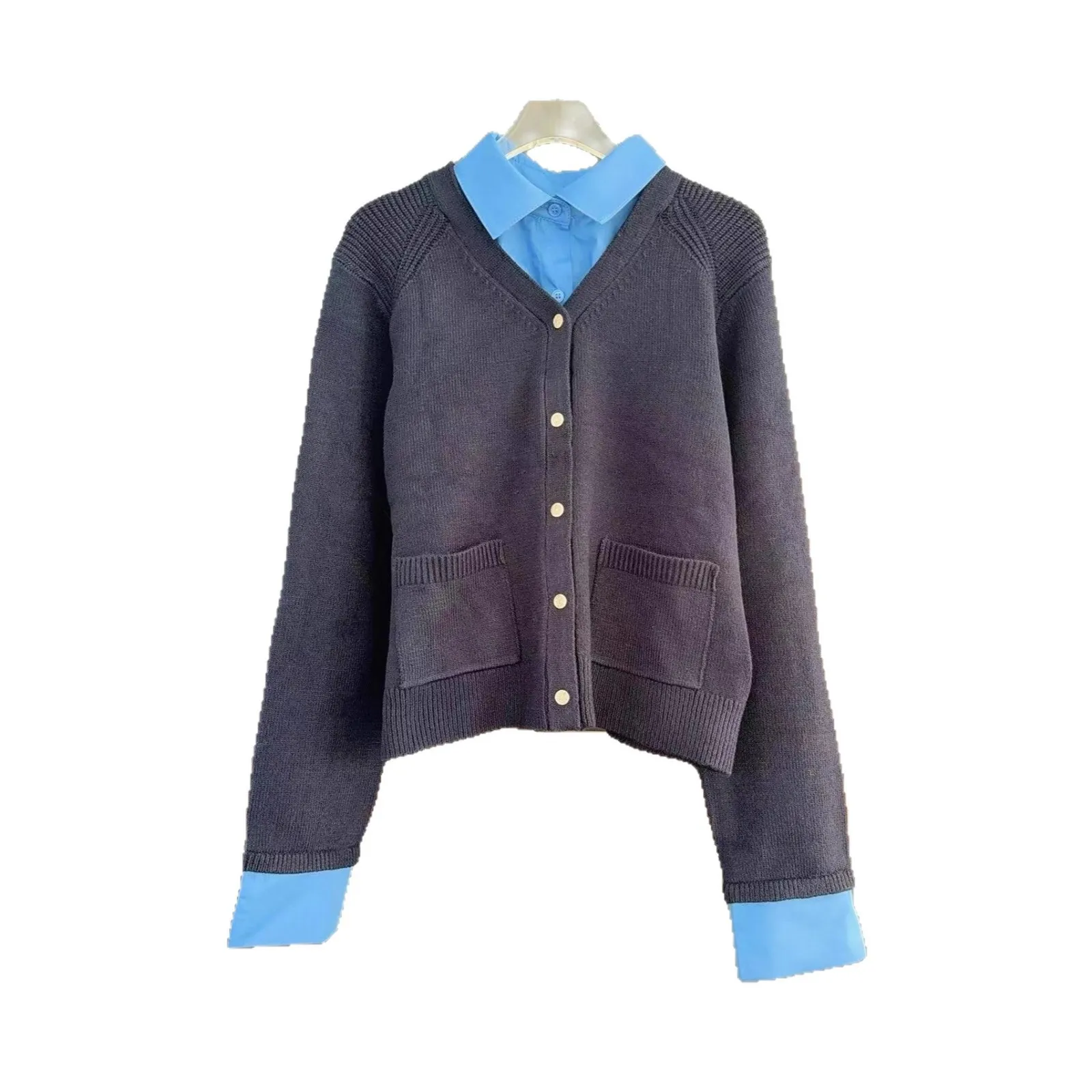 

【Gift Free】2025 M Brand Autumn Hong Kong Style Color-Block Two-Piece Look Knit Cardigan with Detachable Shirt Collar